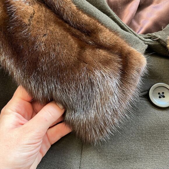 Vintage Trench Coat Women's Large Mink Fur Neck Brown Green 1950s Winter Button - Picture 5 of 14